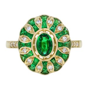Oval Emerald and Diamond Art Deco Style Floral Engagement Ring