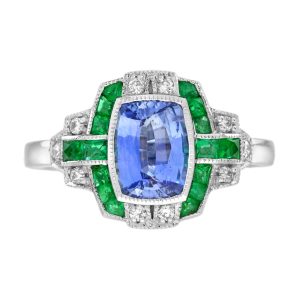 Ceylon Sapphire Emerald and Diamond Art Deco Style Engagement Ring