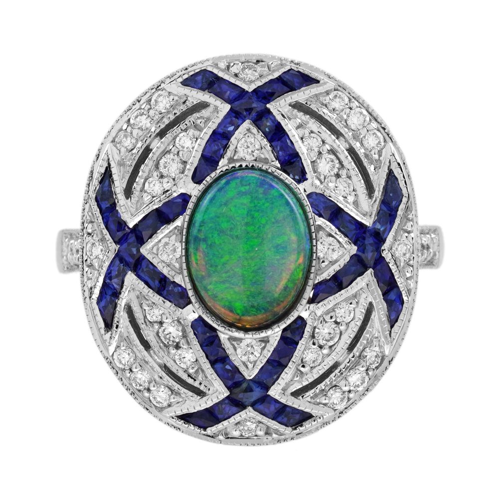 Black Opal Sapphire and Diamond Art Deco Style Cocktail Ring