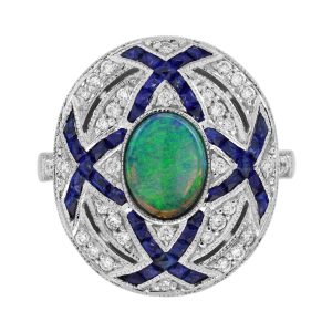 Black Opal Sapphire and Diamond Art Deco Style Cocktail Ring