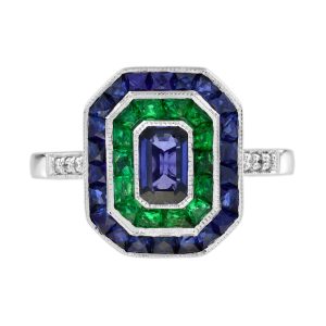 Ceylon Sapphire Emerald Diamond Art Deco Style Engagement Ring