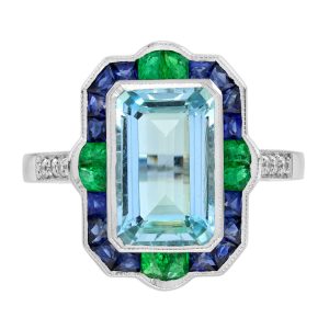 2.76 Ct. Aquamarine Emerald Sapphire Diamond Art Deco Style Cocktail Ring