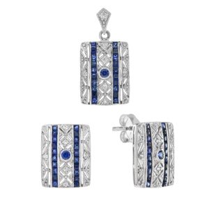 Sapphire Diamond Art Deco Style Pendant and Stud Earrings Jewelry Set