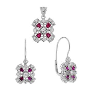 Diamond Ruby Art Deco Style Pendant and Earrings Jewelry Set
