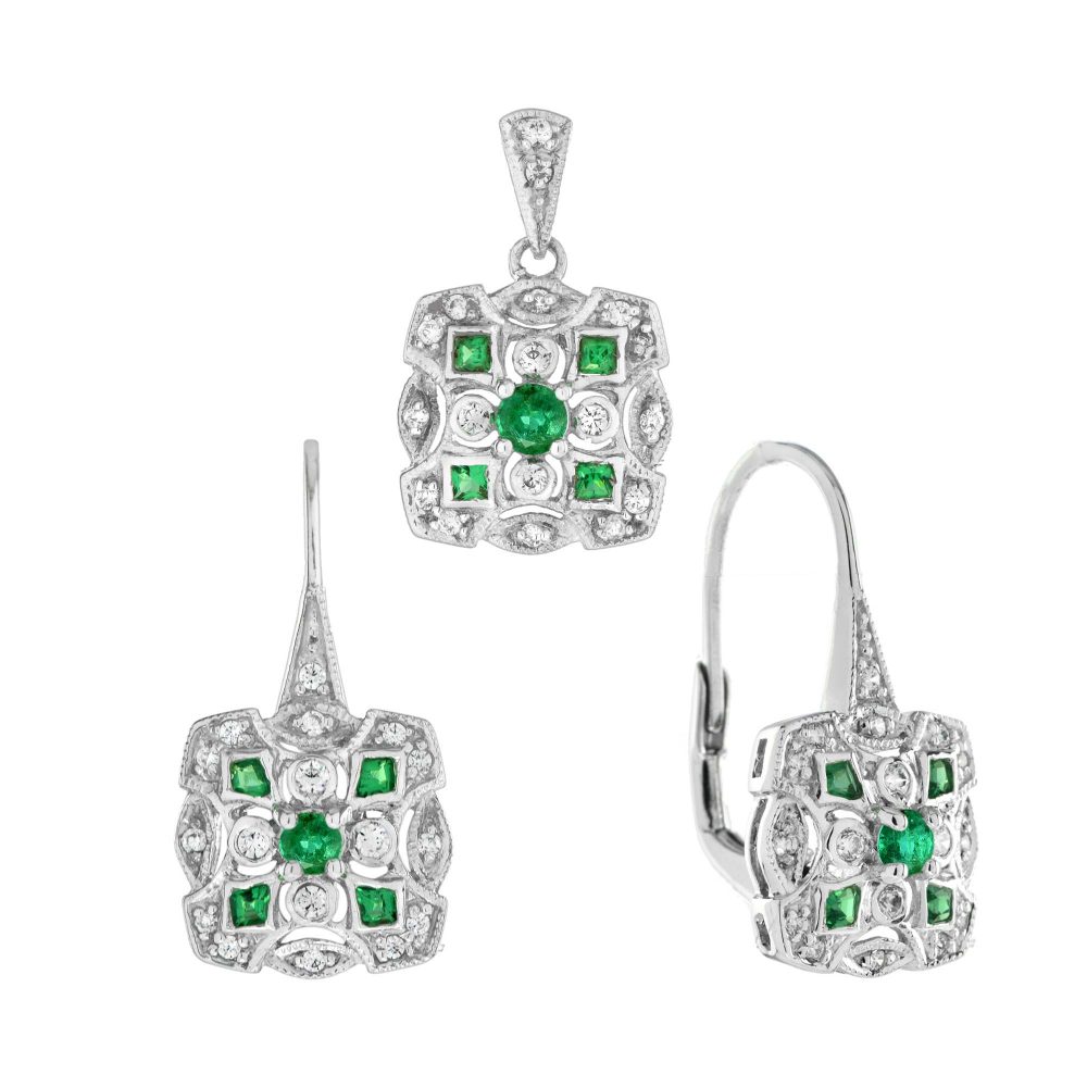 Emerald Diamond Art Deco Style Pendant and Earrings Jewelry Set