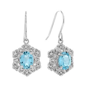 Blue Topaz and Diamond Art Deco Style Drop Earrings