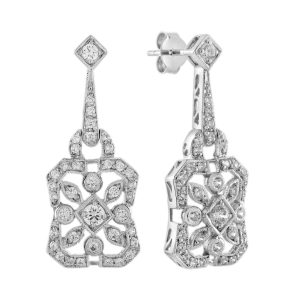 Diamond Art Deco Style Geometric Floral Earrings