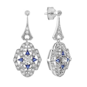 Diamond Sapphire Art Deco Style Drop Earrings