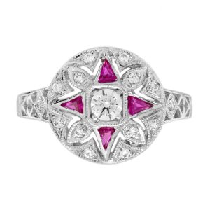 Diamond Ruby Art Deco Style Floral Ring