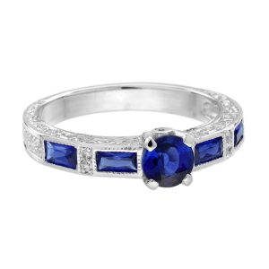 Blue Sapphire and Diamond Art Deco Style Solitaire Engagement Ring