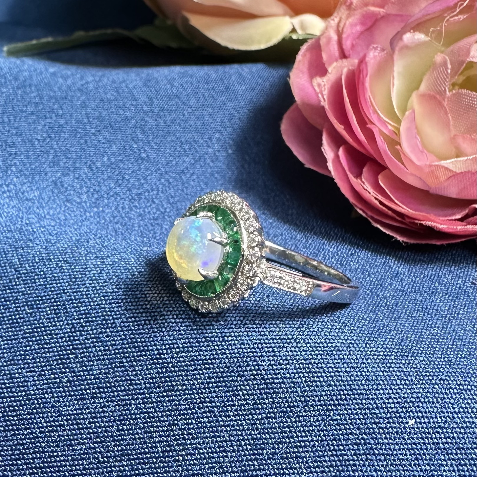 Opal Emerald and Diamond Art Deco Style Target Engagement Ring