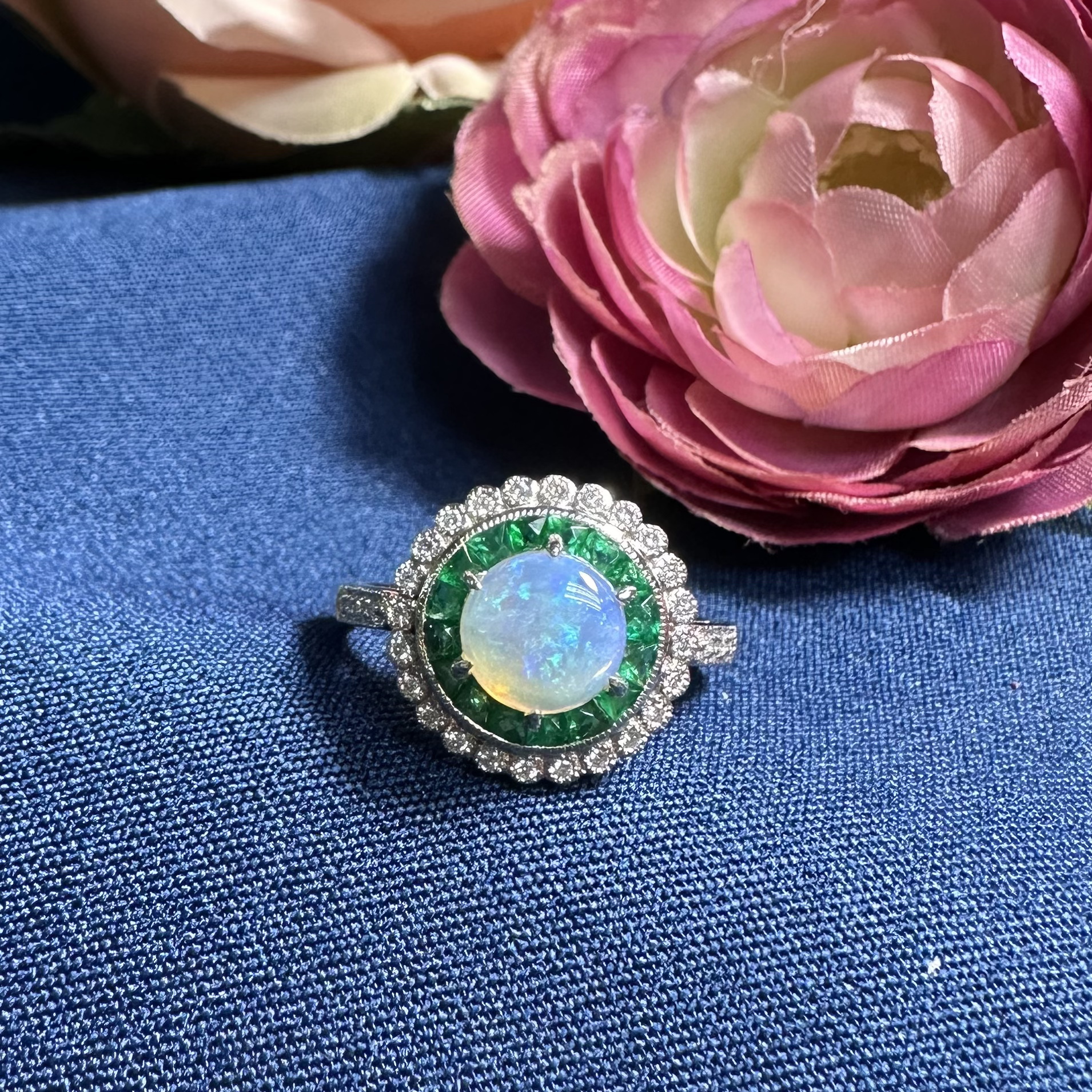 Opal Emerald and Diamond Art Deco Style Target Engagement Ring