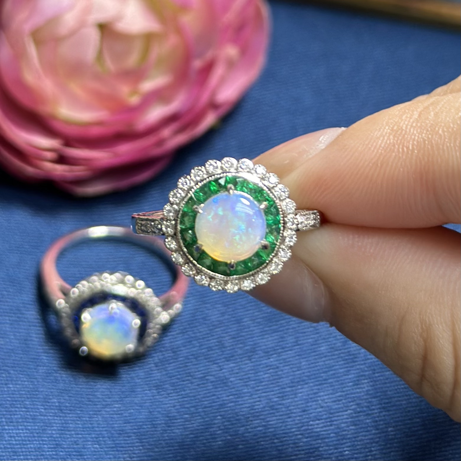 Opal Emerald and Diamond Art Deco Style Target Engagement Ring