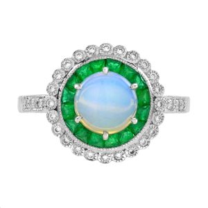 Opal Emerald and Diamond Art Deco Style Target Engagement Ring