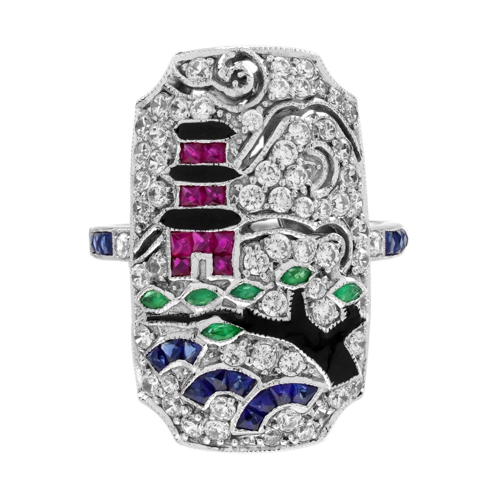 Emerald Ruby Sapphire Diamond Enamel Antique Style Japanese Scenery Ring