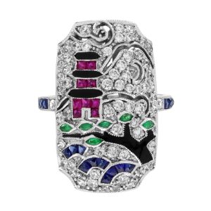 Emerald Ruby Sapphire Diamond Enamel Antique Style Japanese Scenery Ring