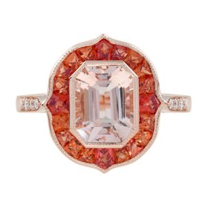 Morganite Orange Sapphire and Diamond Art Deco Style Target Ring