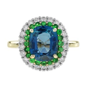 London Blue Topaz Tsavorite and Diamond Double Halo Ring