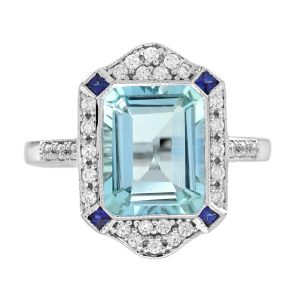 Aquamarine Sapphire and Diamond Art Deco Style Cocktail Ring