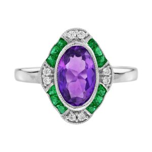 Amethyst Emerald and Diamond Art Deco Style Target Ring