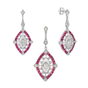Diamond Ruby Art Deco Style Marquise Shape Pendant and Earrings Jewelry Set