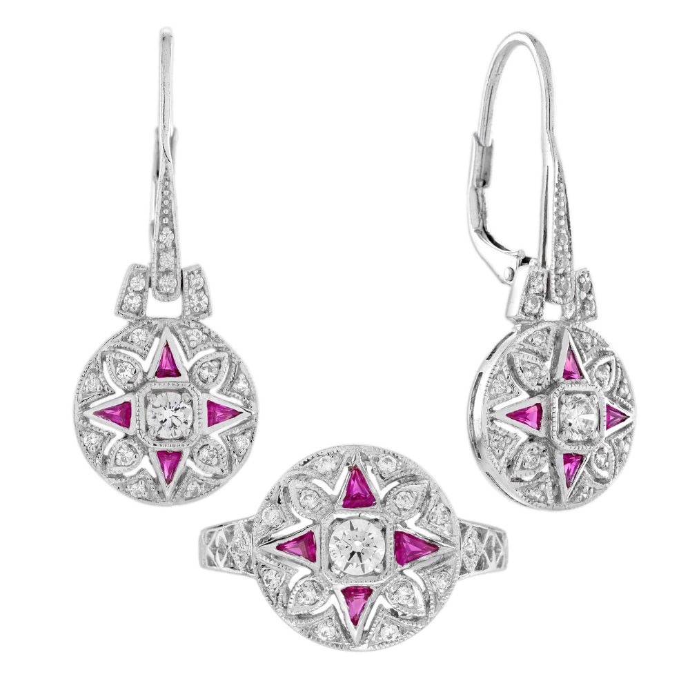 Diamond and Ruby Art Deco Style Ring and Earrings Jewelry Set