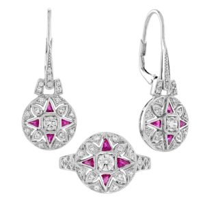 Diamond and Ruby Art Deco Style Ring and Earrings Jewelry Set
