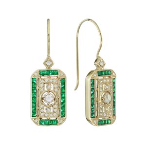 Rose Cut Diamond and Emerald Antique Style Filigree Drop Earrings