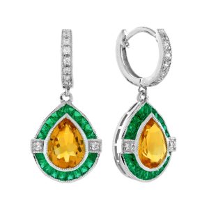 Citrine Emerald and Diamond  Art Deco Style Cliff Earrings