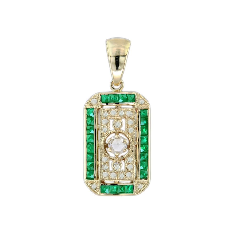 Rose Cut Diamond and Emerald Antique Style Filigree Pendant