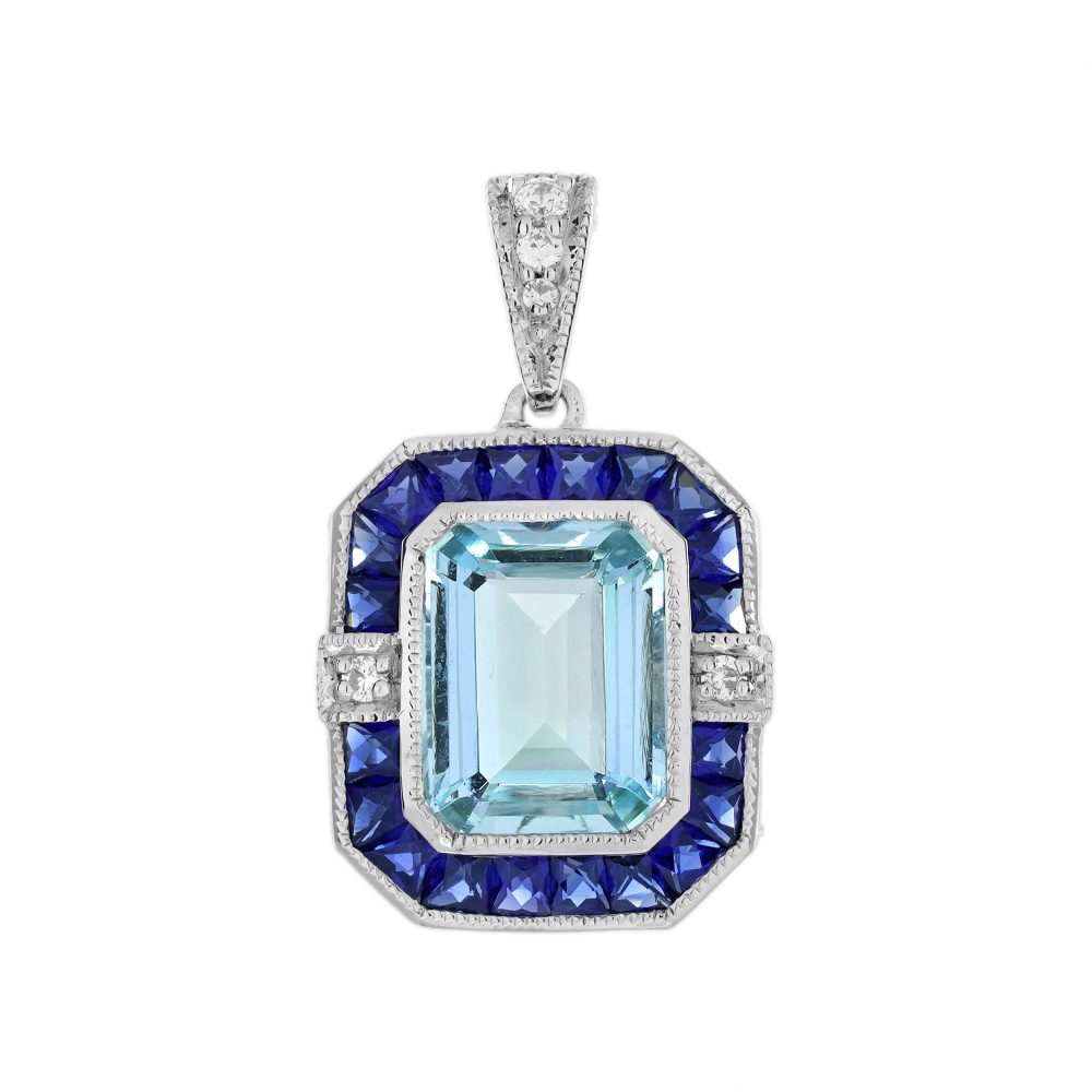 Emerald Cut Aquamarine and Diamond Art Deco Style Pendant
