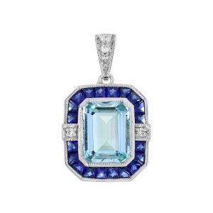 Emerald Cut Aquamarine and Diamond Art Deco Style Pendant