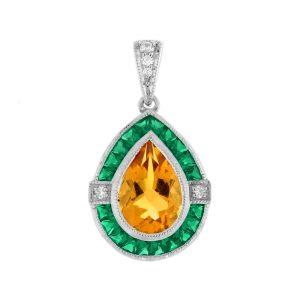 Citrine Emerald and Diamond Art Deco Style Pendant