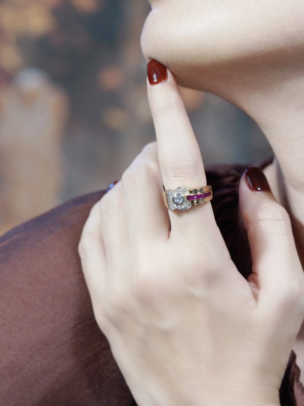 Diamond and Ruby Retro Style Engagement Ring - Image 2
