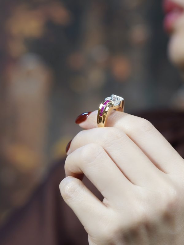 Diamond and Ruby Retro Style Engagement Ring - Image 3