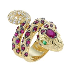 Emerald Ruby and Diamond Art Deco Style Snake Ring
