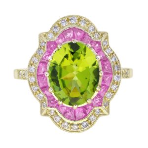 Peridot Pink Sapphire and Diamond Art Deco Style Halo Ring