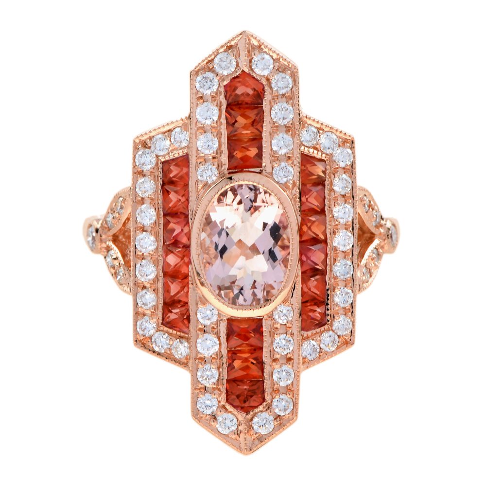 Morganite Orange Sapphire Diamond Art Deco Style Dinner Ring