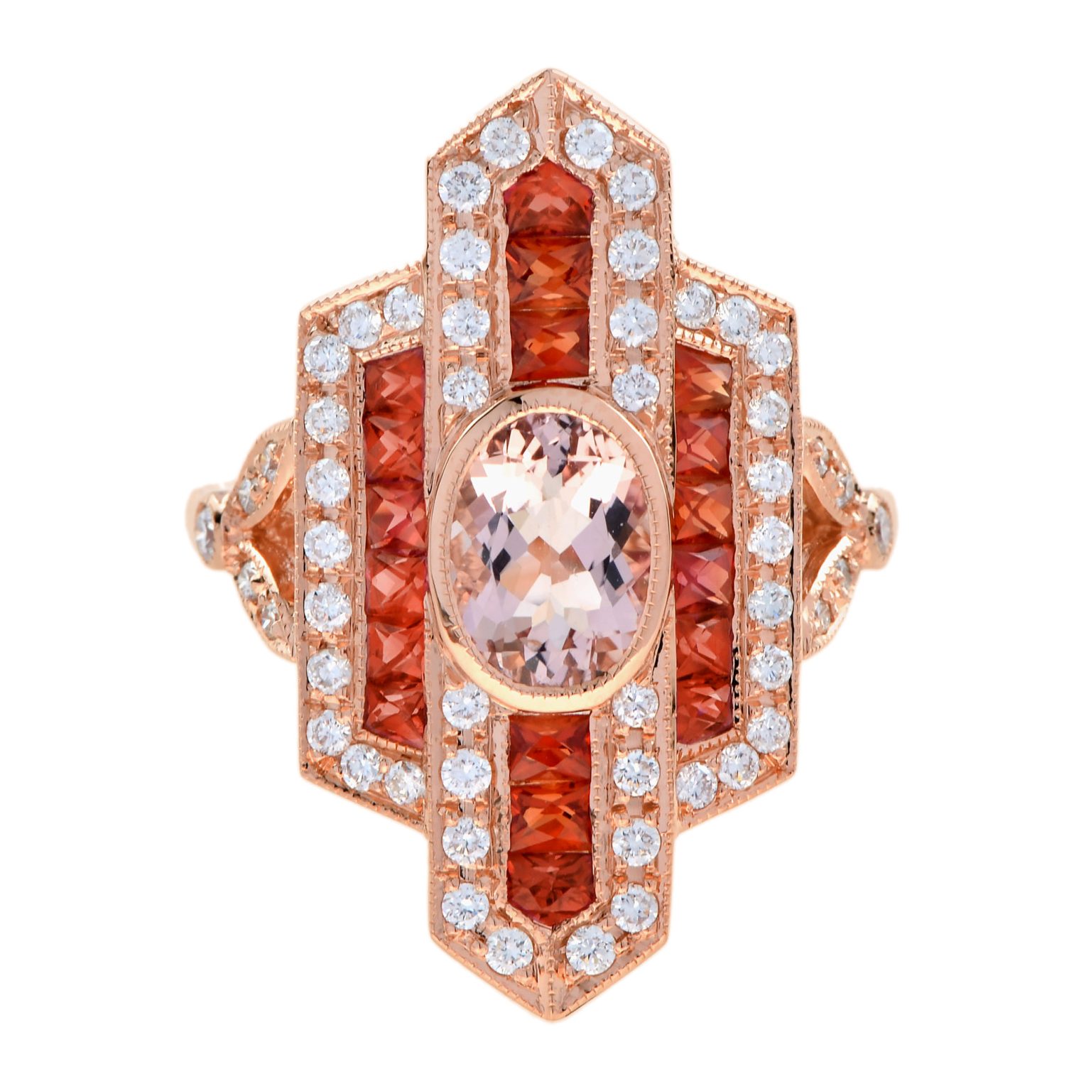 Morganite Orange Sapphire Diamond Art Deco Style Dinner Ring