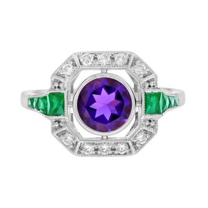Amethyst Emerald and Diamond Art Deco Style Ring