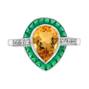 Citrine Emerald Diamond Art Deco Style Drop Shape Engagement Ring