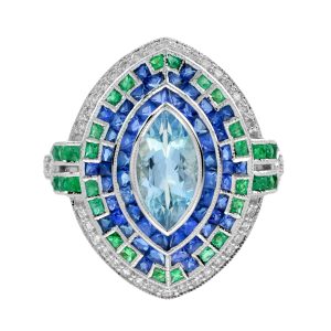 Marquise Aquamarine with Sapphire Emerald and Diamond Art Deco Style Cocktail Ring
