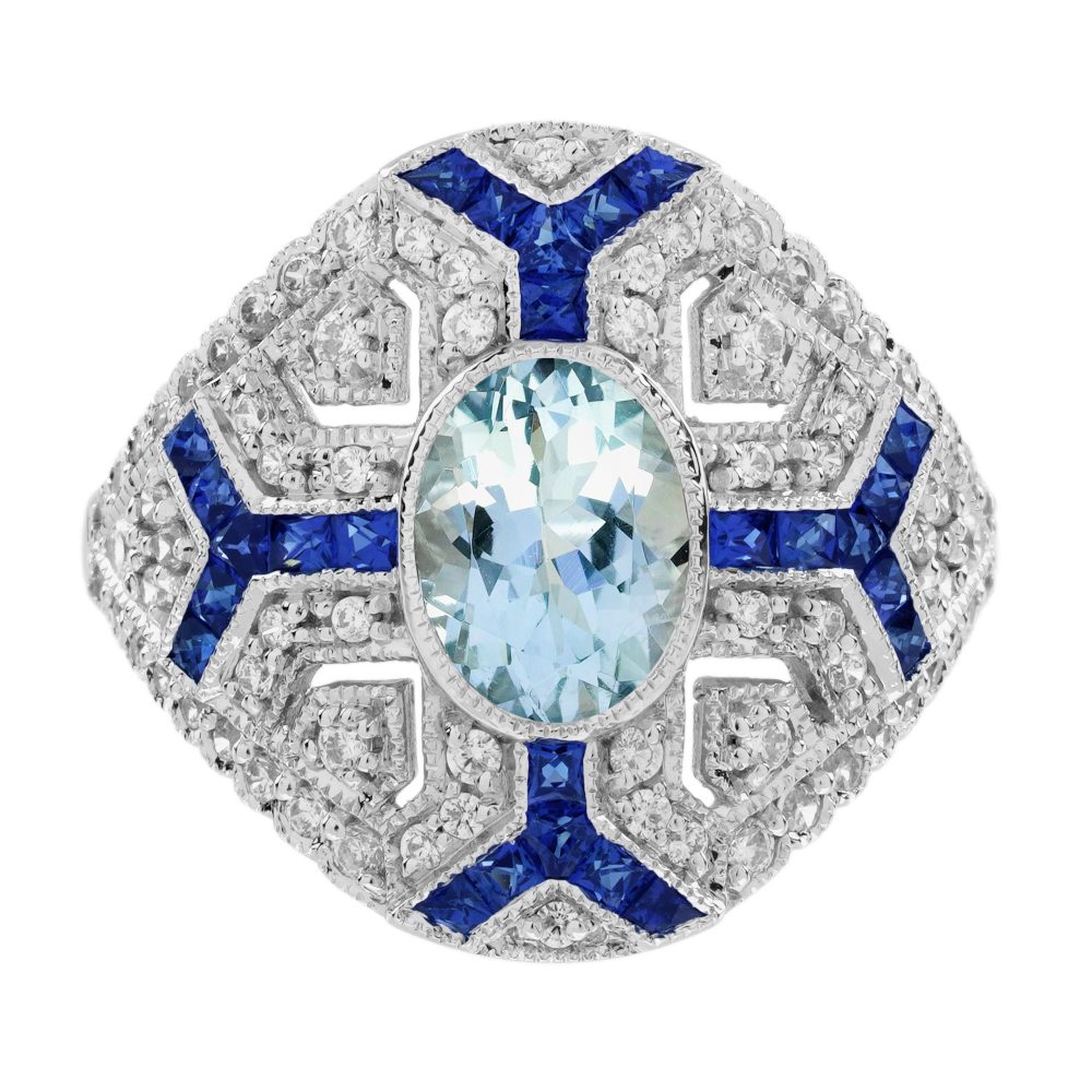 Aquamarine Sapphire and Diamond Art Deco Style Cocktail Ring