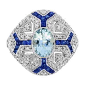 Aquamarine Sapphire and Diamond Art Deco Style Cocktail Ring