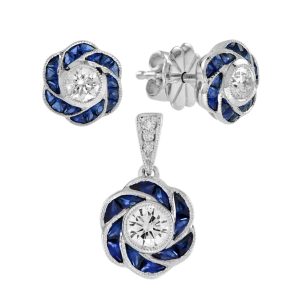 Round Cut Diamond with Sapphire Art Deco Style Floral Pendant and Earrings Jewelry