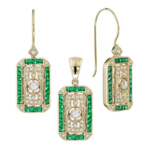 Rose Cut Diamond and Emerald Antique Style Filigree Pendant and Earrings Jewelry Set