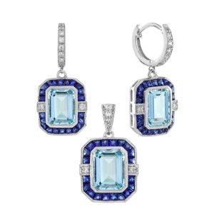 Aquamarine and Diamond Art Deco Style Pendant and Earrings Jewelry Set
