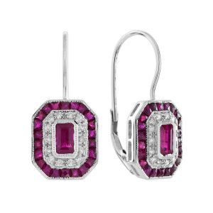 Ruby and Diamond Art Deco Style Lever Back Earrings