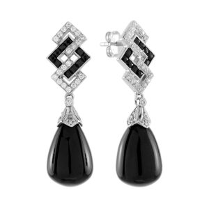 Onyx and Diamond Art Deco Style Drop Earrings in 14K White Gold