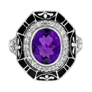 Amethyst White Sapphire and Black Enamel Antique Style Cocktail Ring